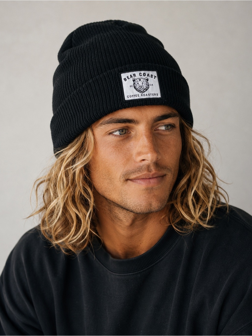 Bear Coast Coffee Roasters Black Ribbed Beanie Bear Patch OSFA